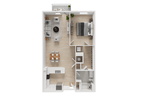 Floor plan for 1 bed, 1 bath, 870 sqft